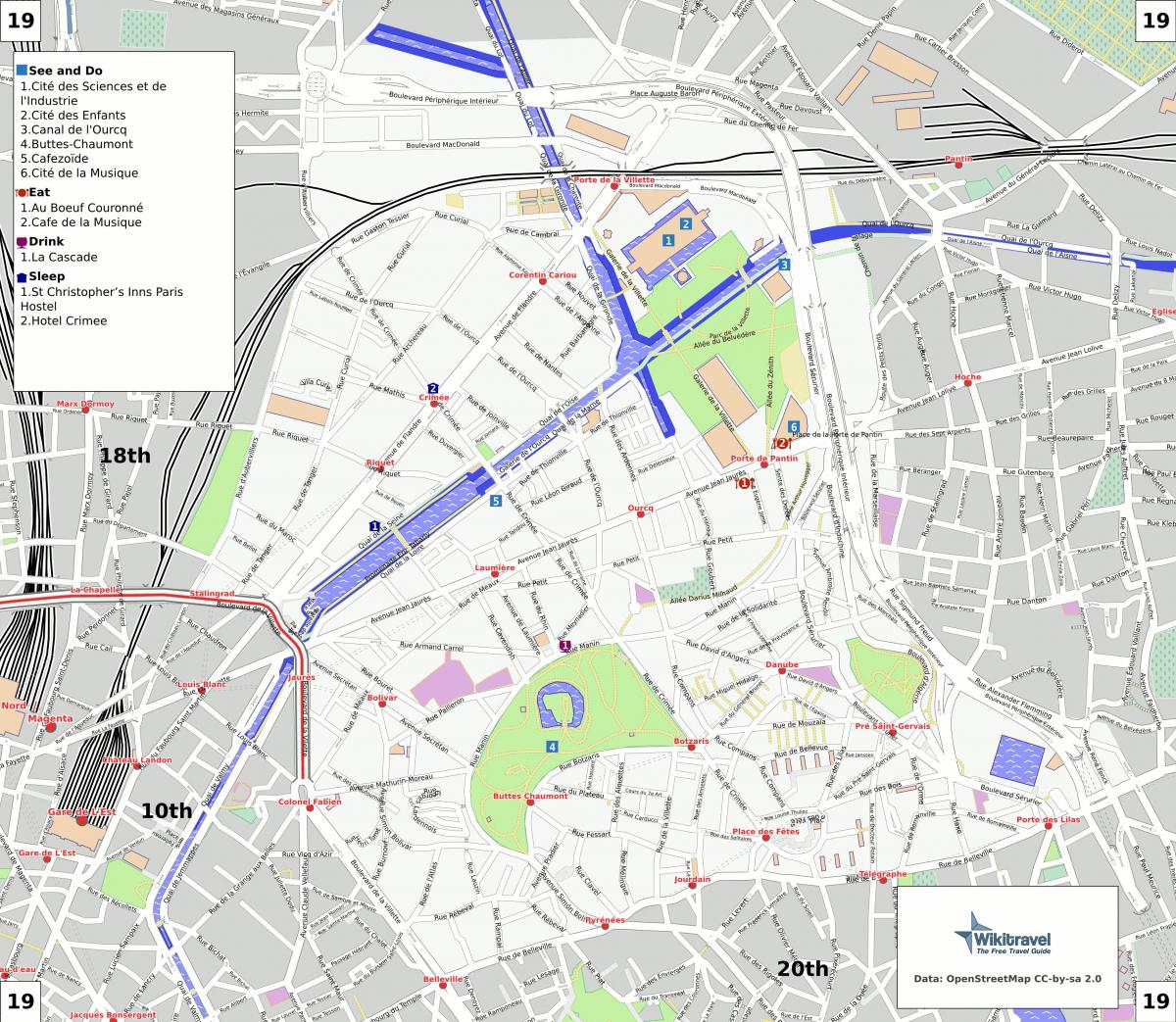 Karta över 19: e arrondissementet i Paris