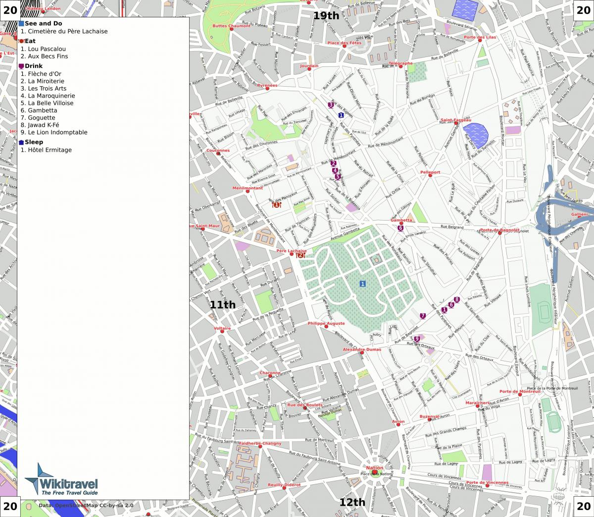 Karta över 20: e arrondissementet i Paris