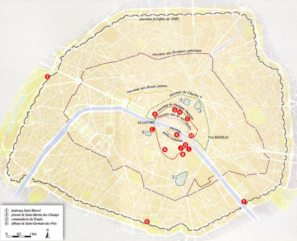 Karta över stadsmuren i Paris