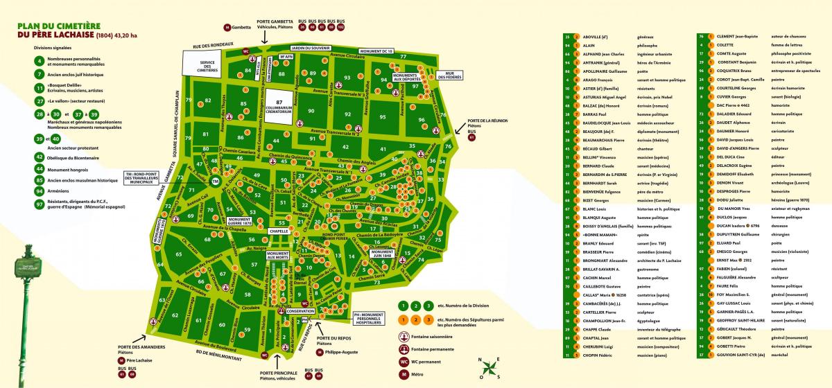 Karta över kyrkogården Père-Lachaise-Kyrkogården